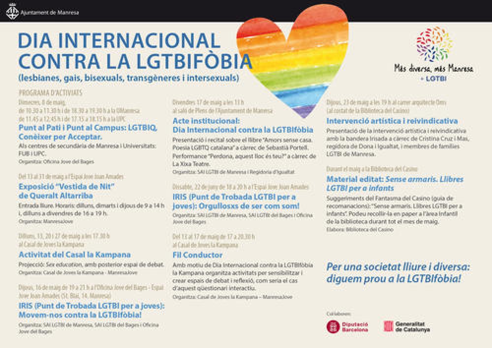 Un any més l'Ajuntament de Manresa commemora la diada del 17 de maig, dia internacional contra la LGTBIfòbia 