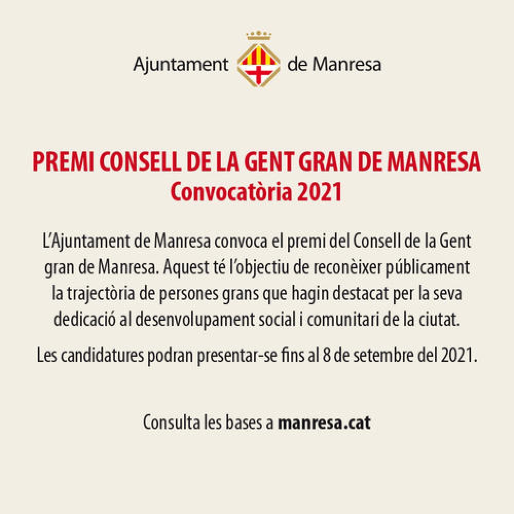 L'Ajuntament de Manresa convoca el Premi del Consell  de la Gent Gran 2021