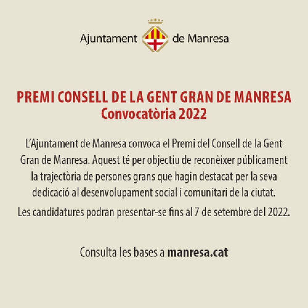 L'Ajuntament de Manresa convoca el Premi del Consell de la Gent Gran 2022