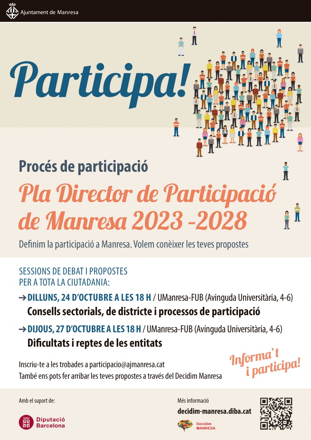 L'Ajuntament de Manresa convoca dues sessions ciutadanes per elaborar el nou Pla Director de Participació