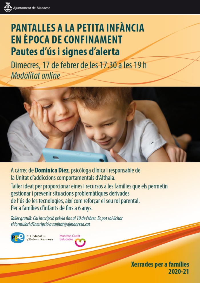 L'Ajuntament de Manresa i el Departament d'Educació organitzen dues xerrades virtuals sobre l'ús i  gestió de les pantalles i les TIC adreçades a famílies